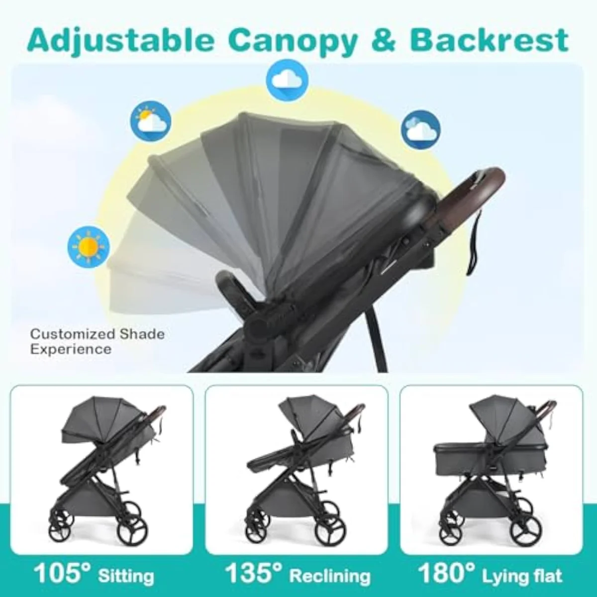 The Baby Joy 2-in-1 convertible stroller from a rear angle, showing the rubber wheels and folding frame