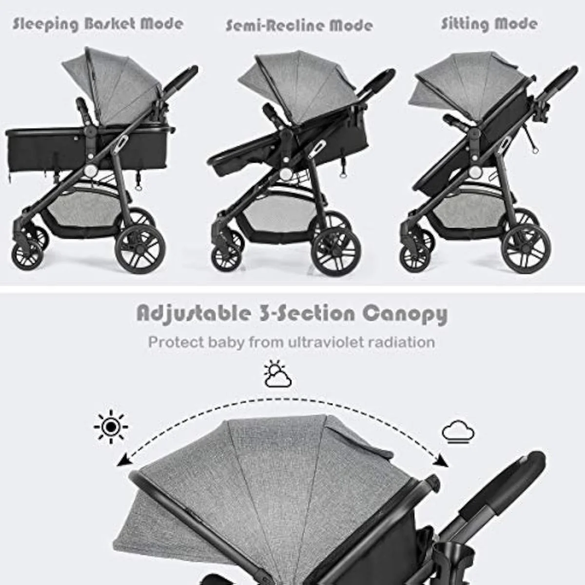 The Baby Joy convertible bassinet-to-stroller shown from the side, a from-birth budget frame