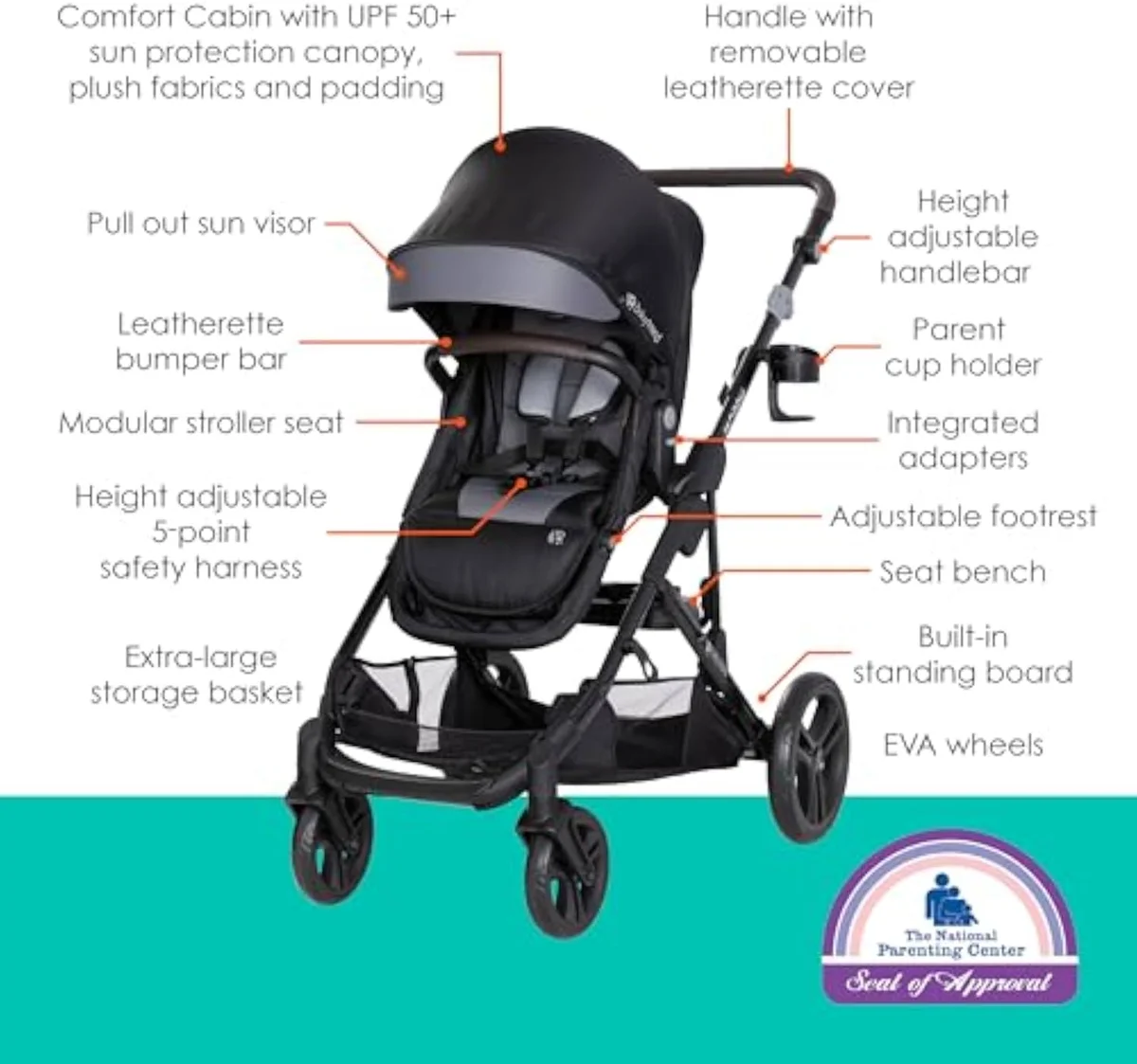 The Baby Trend Morph single-to-double modular stroller with its bench and standing board