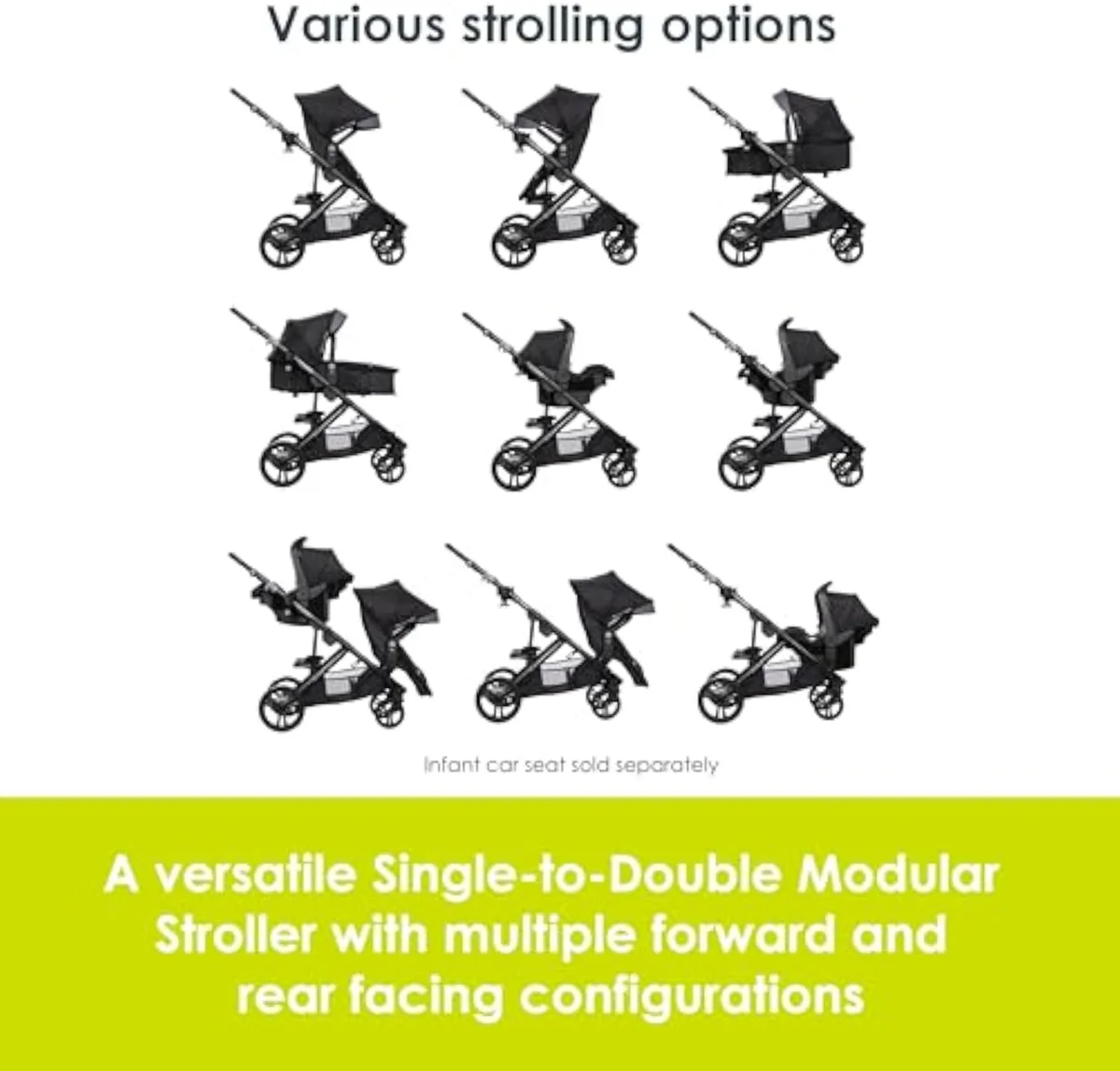 The Baby Trend Morph shown from the side, a single-to-double modular stroller with a bench seat