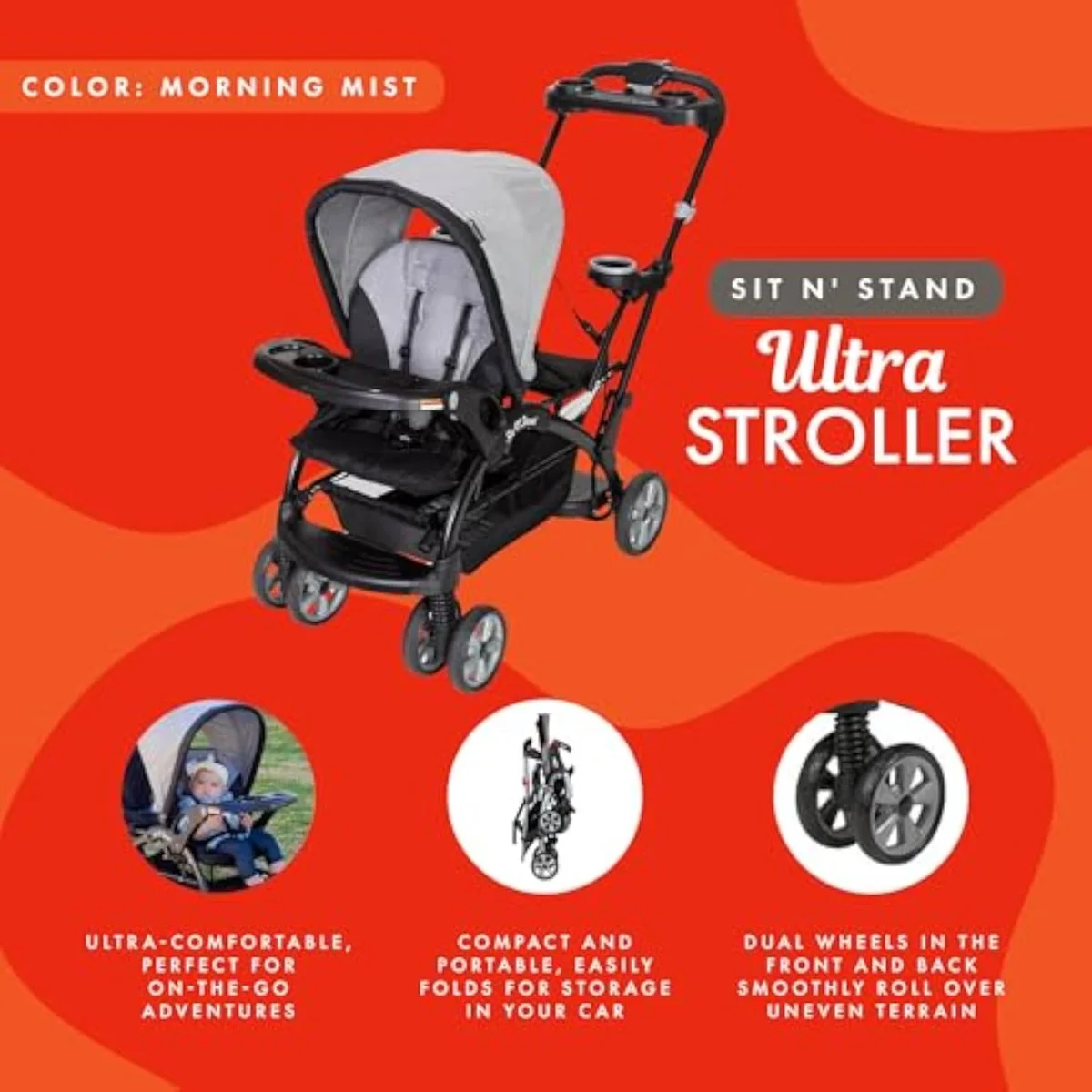 The Baby Trend Sit N Stand Ultra, a tandem stroller where an older child can sit in front or stand on the rear platform