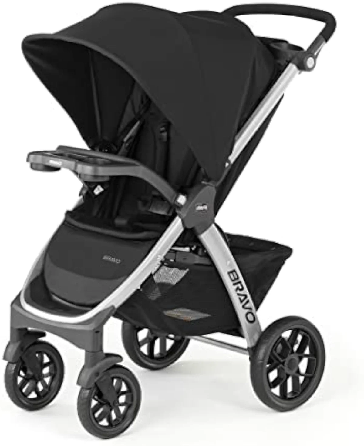 A quick-fold stroller collapsed into a compact standing shape