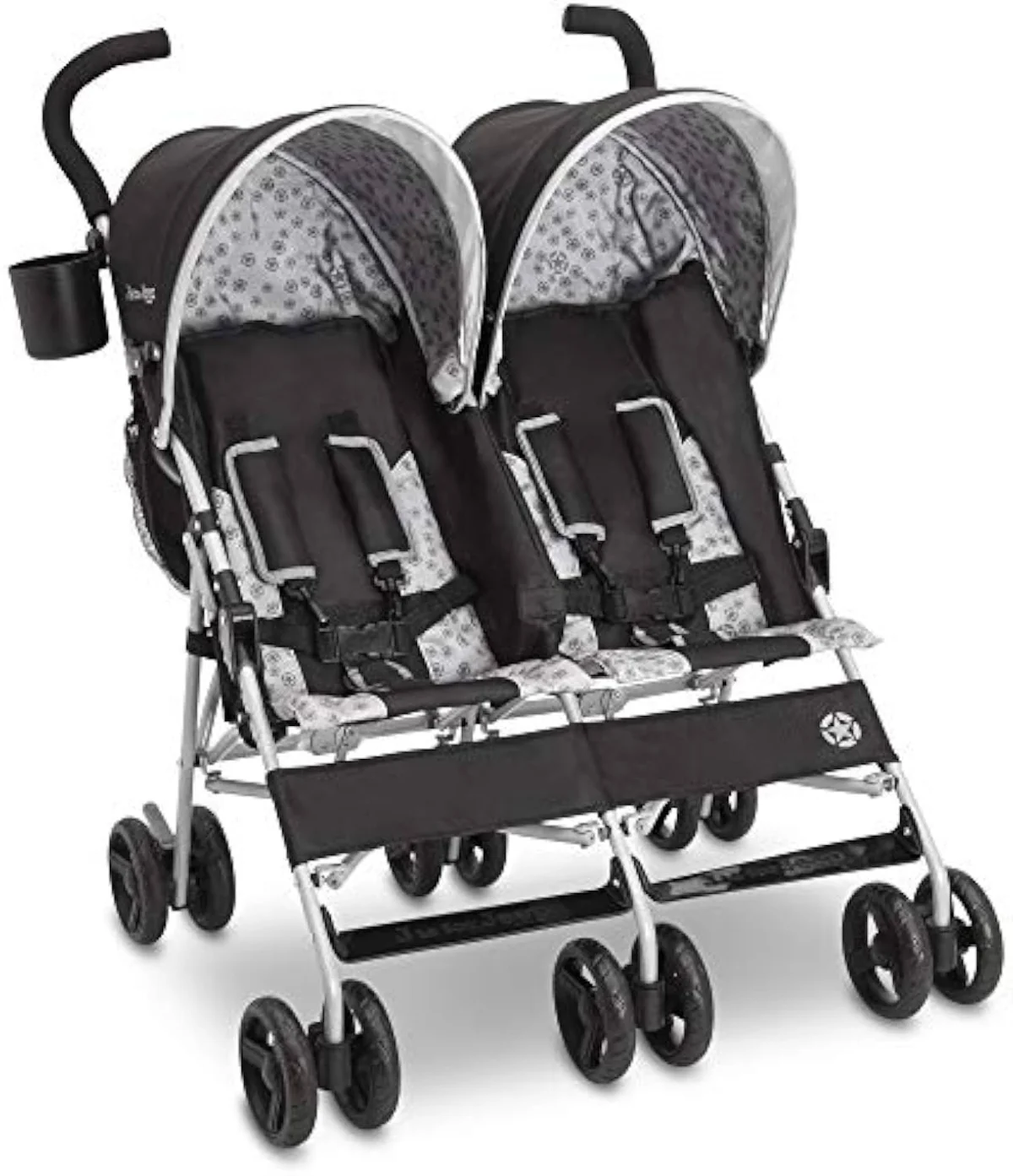 The Jeep Scout side-by-side double stroller, a true two-seat frame built for full-time riders