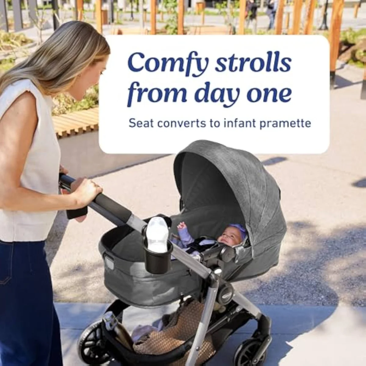 The Graco Modes Pramette in toddler-stroller mode with the reversible seat forward-facing