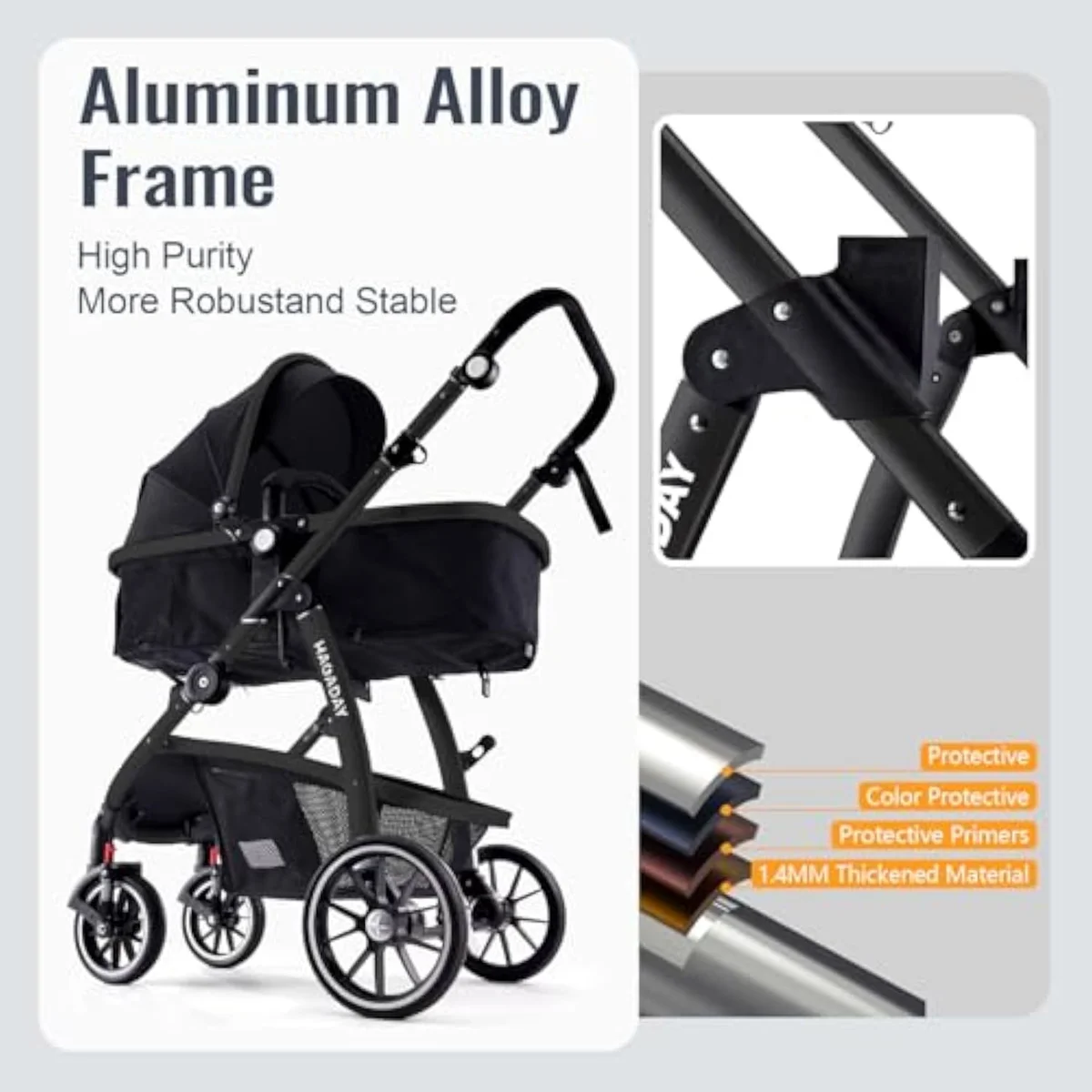 The Hagaday Baby Stroller in lie-flat basket mode for a newborn
