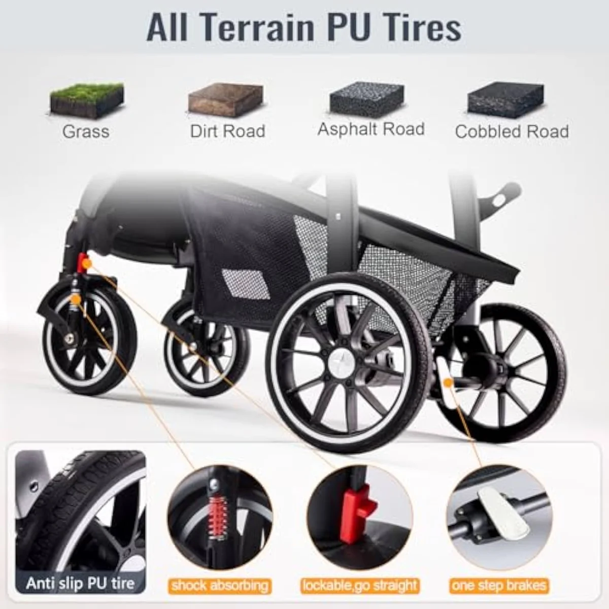 The Hagaday Baby Stroller canopy and reversible seat shown from the front