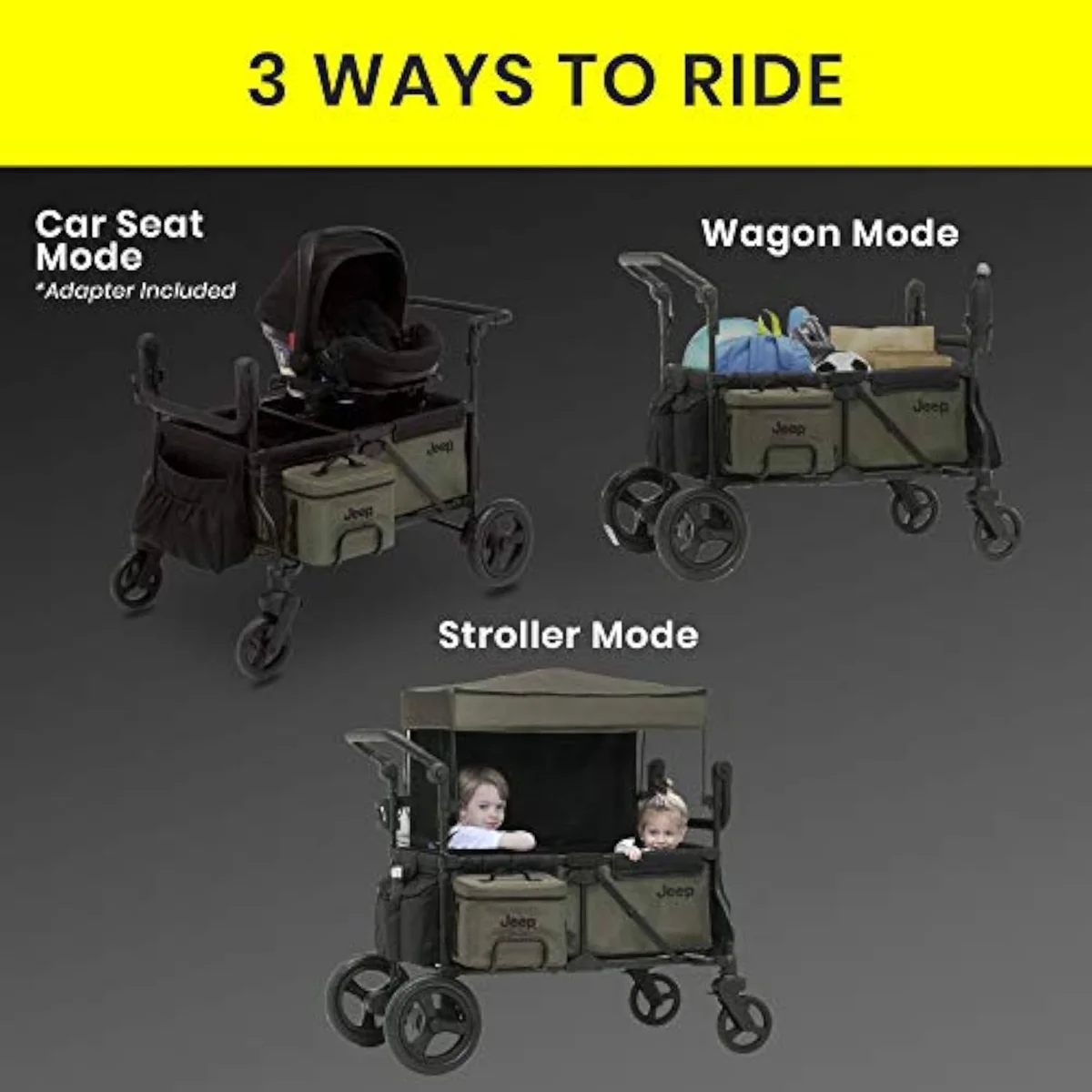 The Jeep Deluxe Wrangler stroller wagon, a licensed Jeep-brand frame made by Delta Children
