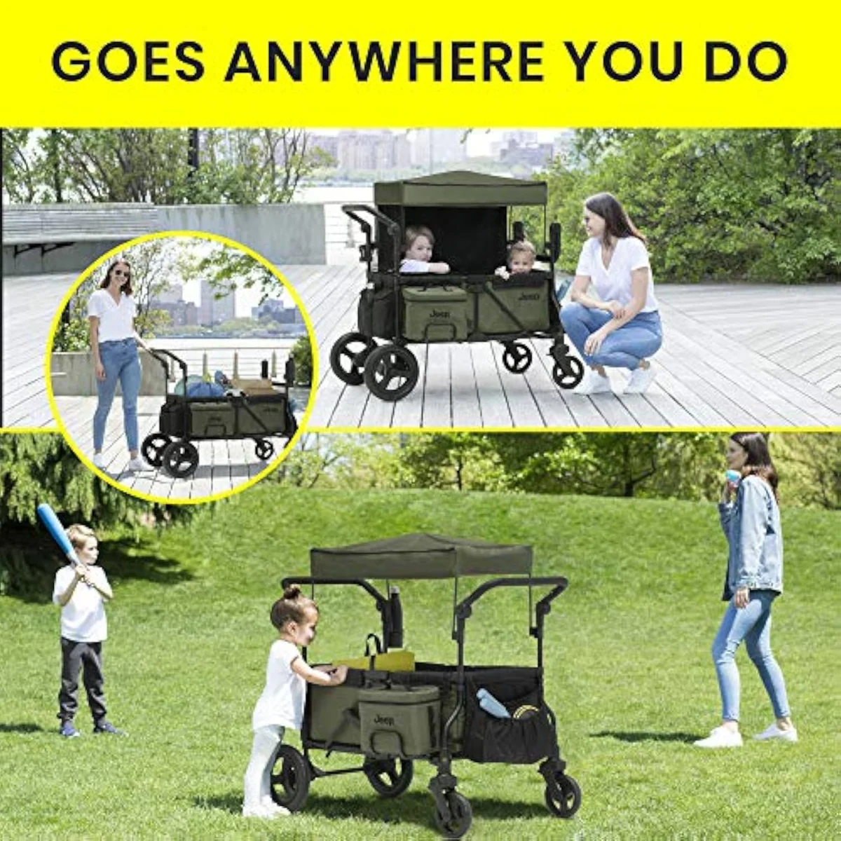 The Jeep Deluxe Wrangler stroller wagon in two-seat stroller mode with the canopy raised
