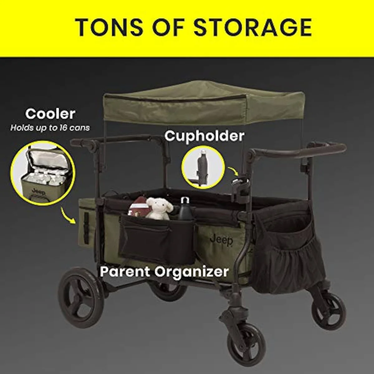 The Jeep Deluxe Wrangler wagon showing the detachable cooler bag and parent organizer