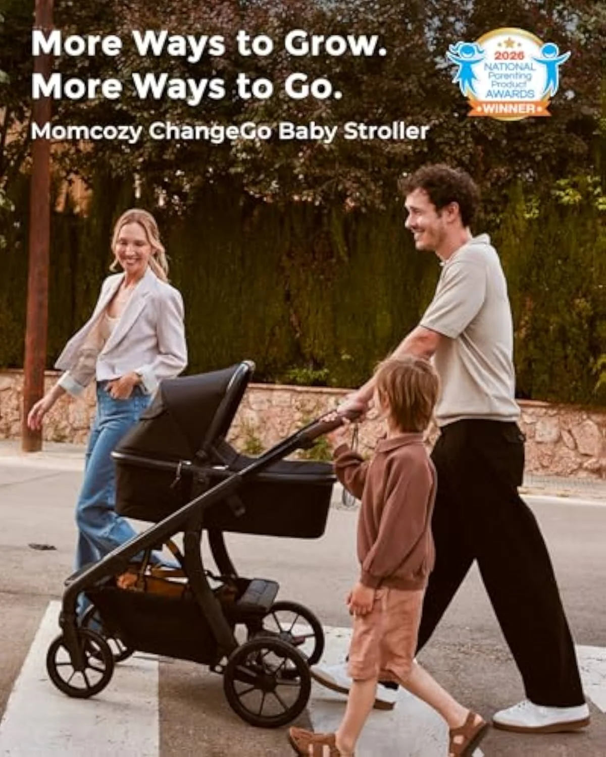The Momcozy ChangeGo folded, a bulky stroller collapsed onto its own wheels