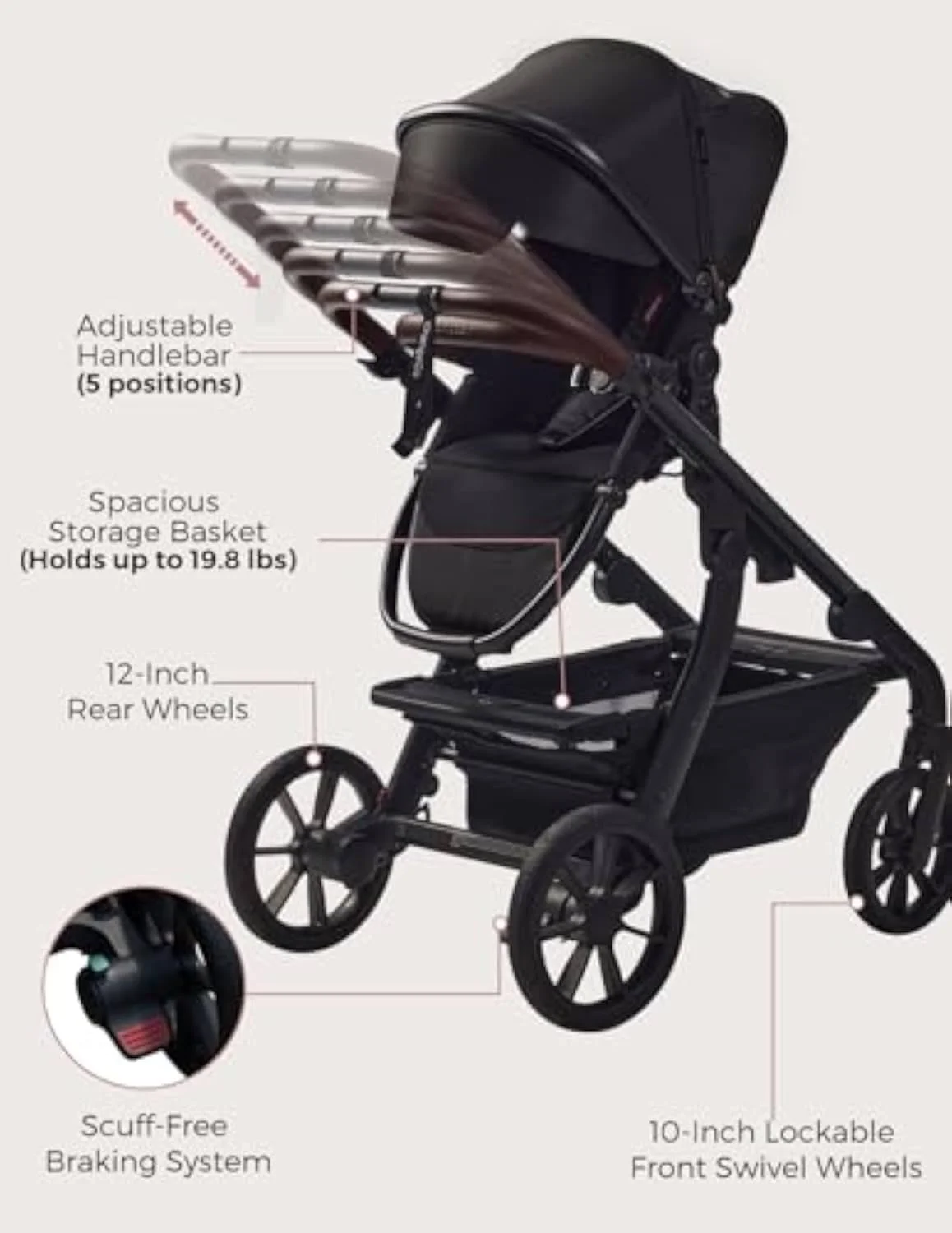 The Momcozy ChangeGo shown from the side, a convertible stroller that takes an infant car seat through a separate adapter