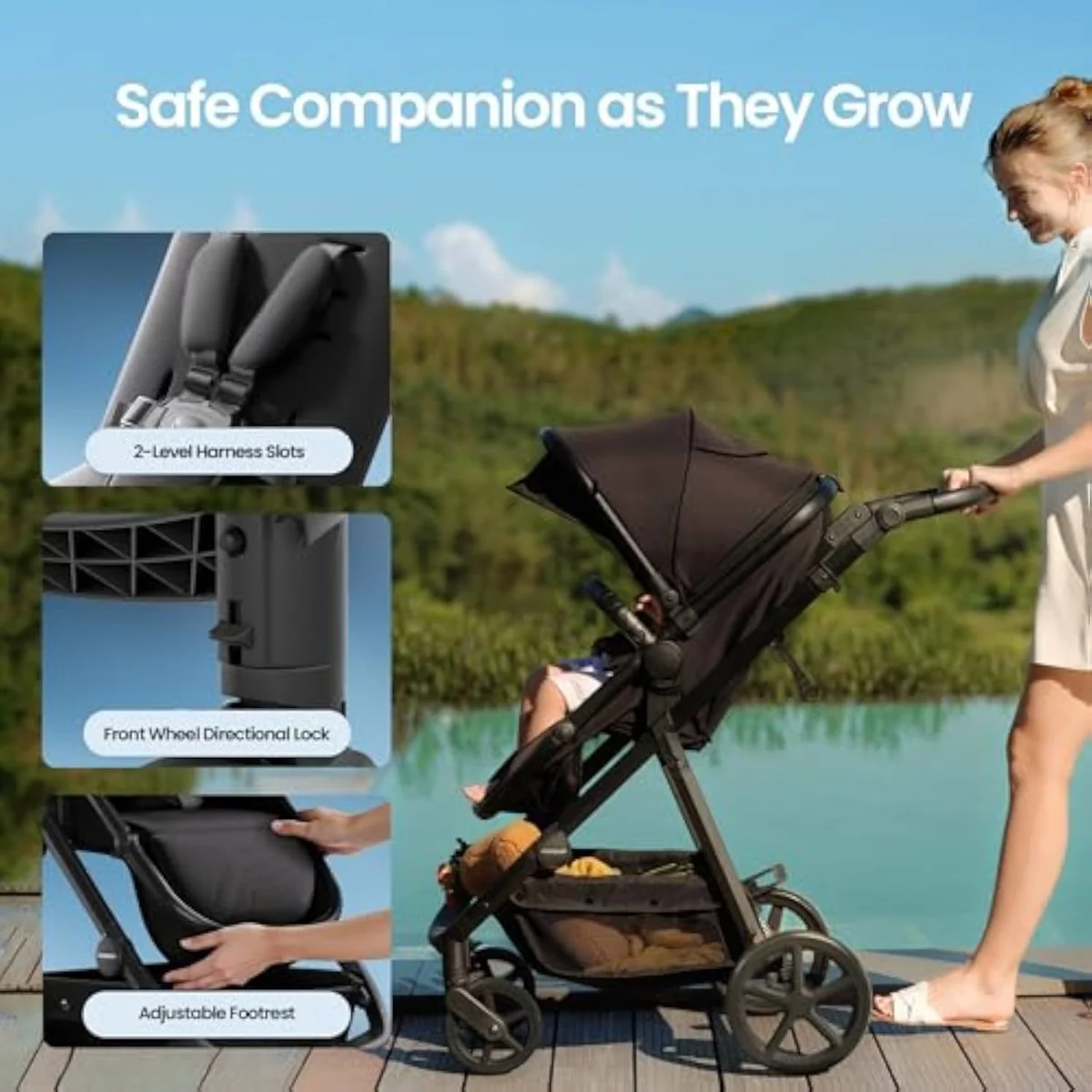 The Mompush Meteor2 convertible stroller shown from another angle, with its reversible seat and large canopy