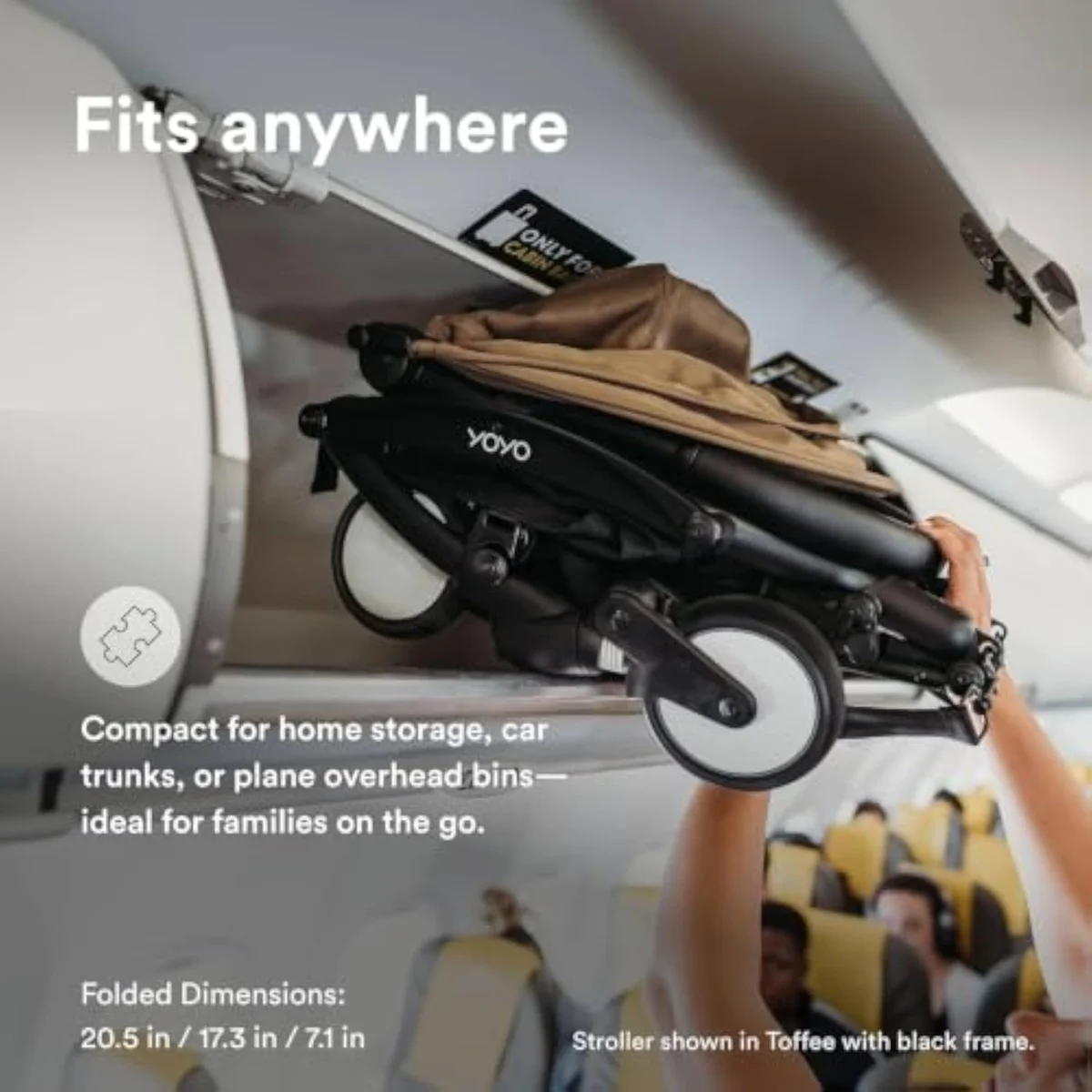 A compact cabin-size travel stroller that folds small enough for an airplane overhead bin