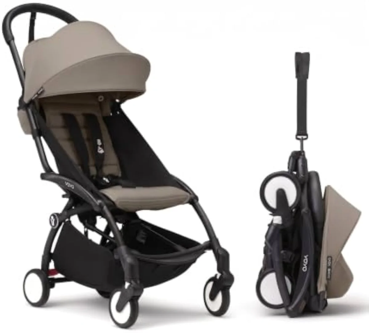 A compact travel stroller folded small enough for an overhead bin