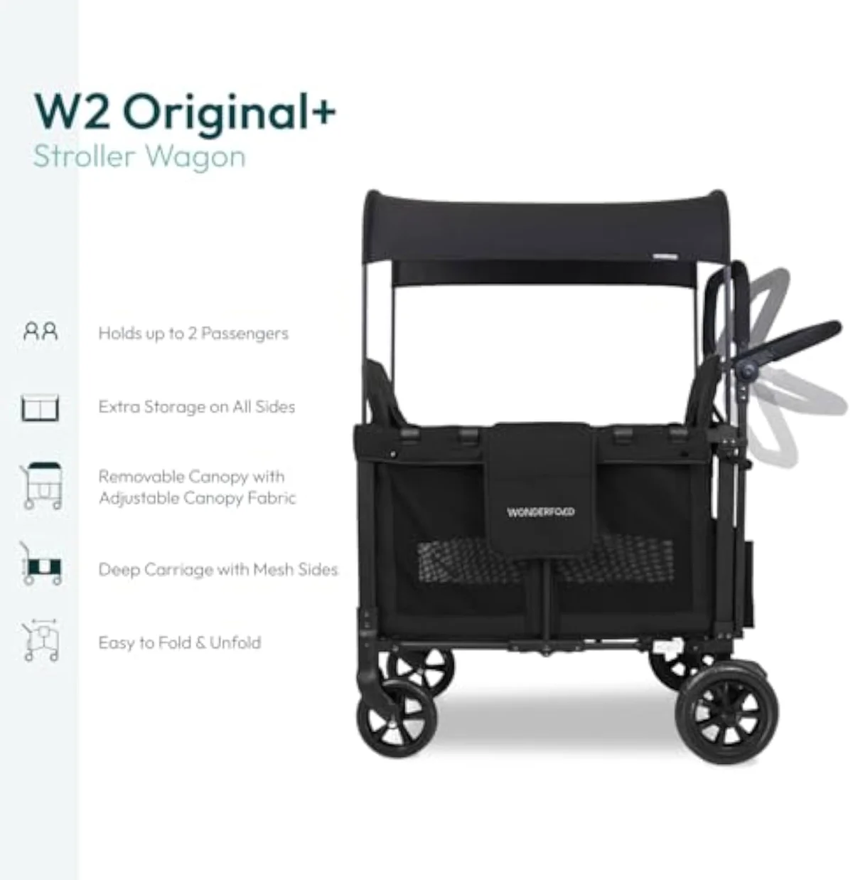 The WonderFold W2 stroller wagon shown from another angle, a two-seat steel-frame wagon built for durability