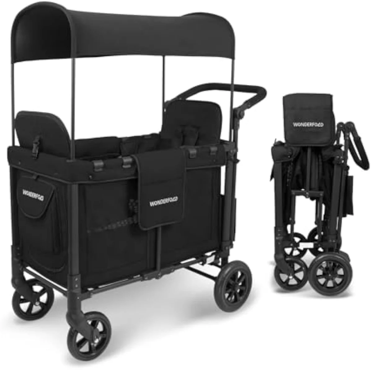 A stroller wagon carrying two children and cargo