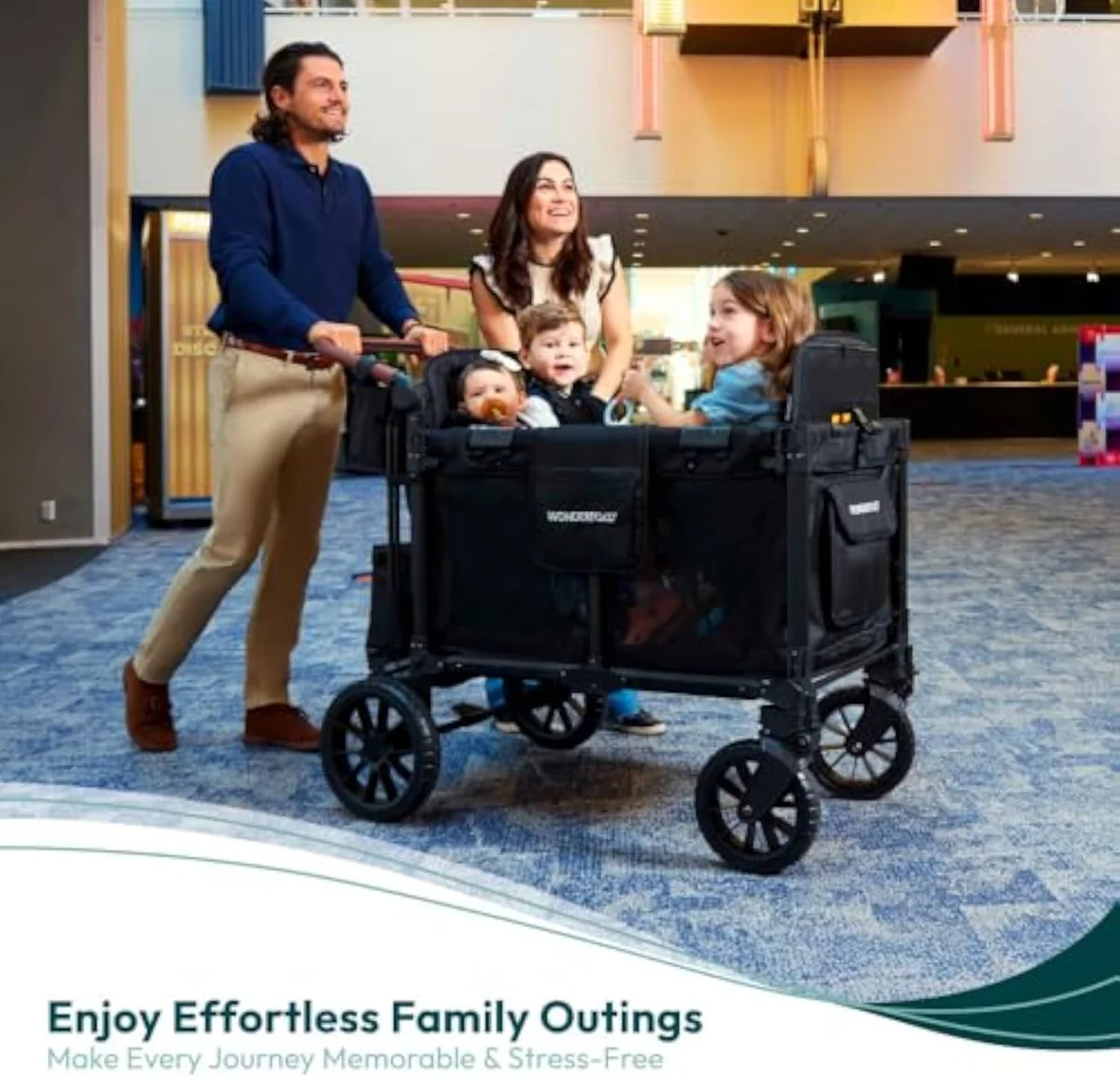 The WonderFold W4 Luxe Pro four-seat wagon shown with its aluminum frame and rear cooler basket